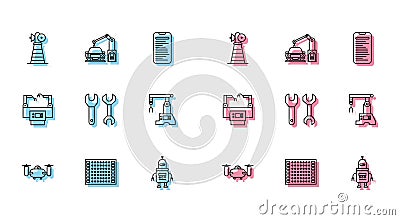 Set line Drone flying with action camera, Printed circuit board PCB, Antenna, Robot, Spanner, Assembly line, and Stock Photo