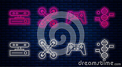 Set line Drone flying, Gamepad, Motion sensor and DNA symbol. Glowing neon icon on brick wall. Vector Vector Illustration