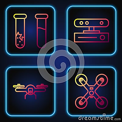 Set line Drone flying, Drone flying, Test tube and flask and Motion sensor. Gradient color icons. Vector Vector Illustration