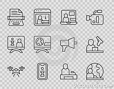 Set line Drone, World news, Information, Retro typewriter, Breaking, Television report and Crime icon. Vector Vector Illustration