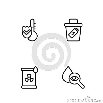Set line Drop and magnifying glass, Radioactive waste barrel, Thermometer and Trash can icon. Vector Vector Illustration