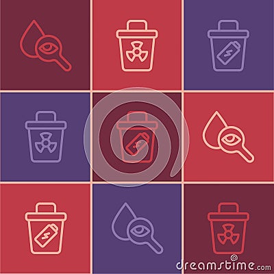 Set line Drop and magnifying glass, Trash can and Infectious waste icon. Vector Vector Illustration