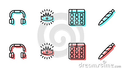 Set line Drum machine music, Headphones, King crown and Marijuana joint, spliff icon. Vector Vector Illustration