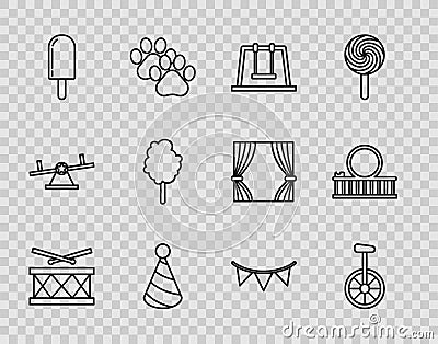 Set line Drum with drum sticks, Unicycle or one wheel bicycle, Swing, Party hat, Ice cream, Cotton candy, Carnival Vector Illustration