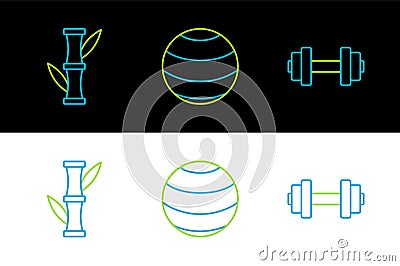 Set line Dumbbell, Bamboo and Fitness ball icon. Vector Vector Illustration