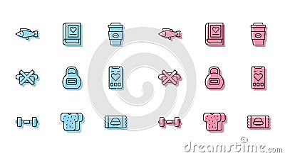 Set line Dumbbell, Bread toast, Fish, Sports nutrition, Kettlebell, Mobile with heart rate, No junk food and Medical Vector Illustration