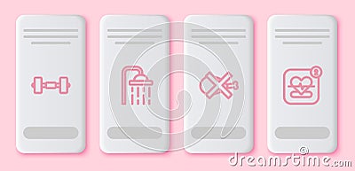 Set line Dumbbell, Shower head, No meat and Mobile with heart rate. White rectangle button. Vector Vector Illustration