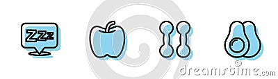 Set line Dumbbell, Sleepy, Apple and Avocado fruit icon. Vector Vector Illustration