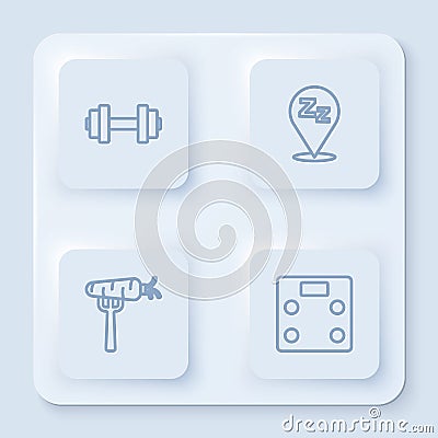 Set line Dumbbell, Sleepy, Carrot on fork and Bathroom scales. White square button. Vector Vector Illustration