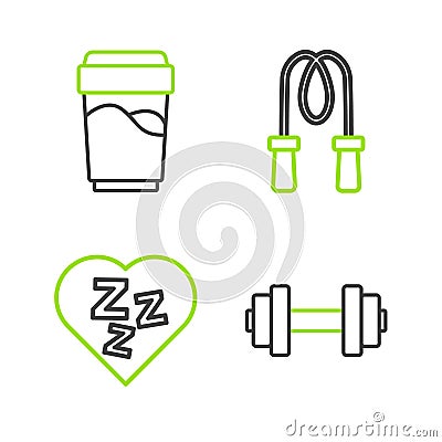 Set line Dumbbell, Sleepy, Jump rope and Glass with water icon. Vector Stock Photo