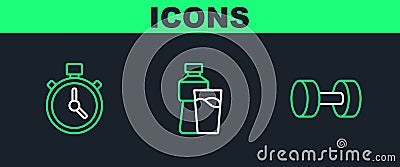 Set line Dumbbell, Stopwatch and Bottle of water with glass icon. Vector Stock Photo