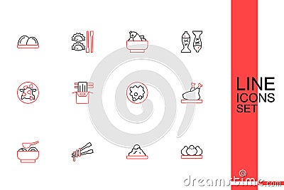 Set line Dumpling, Rice a bowl, Food chopsticks with noodles, Ramen soup, Roasted turkey or chicken, Asian paper box and Vector Illustration