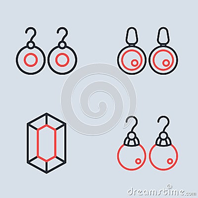 Set line Earrings, Gem stone, and icon. Vector Vector Illustration