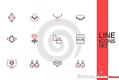 Set line Earrings, Necklace, Diamond, engagement box, Stud earrings and icon. Vector Vector Illustration