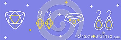 Set line Earrings, Necklace, and Diamond icon. Vector Stock Photo