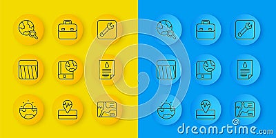 Set line Earth core structure crust, Ground, globe and book, Topographic map, Oil drop document, Magnifying glass with Vector Illustration