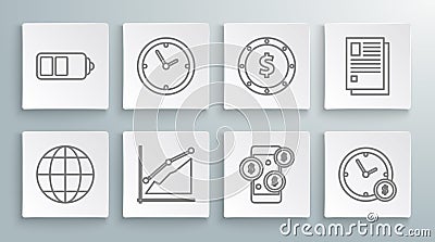 Set line Earth globe, Clock, Pie chart infographic, Smartphone with dollar symbol, Time is money, Coin, File document Vector Illustration