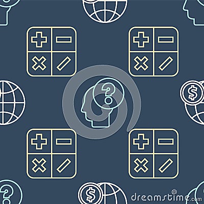 Set line Earth globe with dollar, Calculator and Human head with question mark on seamless pattern. Vector Vector Illustration