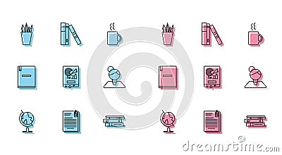 Set line Earth globe, File document and paper clip, Pencil case stationery, Office folders with papers documents, Board Vector Illustration