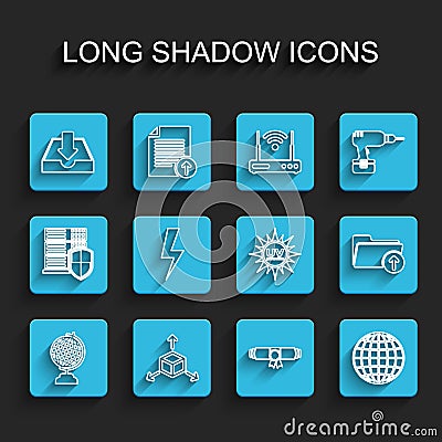 Set line Earth globe, Isometric cube, Download inbox, Diploma rolled scroll, Lightning bolt, arrow with folder and UV Stock Photo