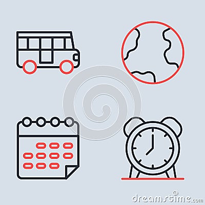 Set line Earth globe, School timetable, Alarm clock and Bus icon. Vector Vector Illustration