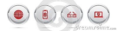 Set line Earth globe, Smartphone battery charge, 3D cinema glasses and Laptop with shield. Silver circle button. Vector Vector Illustration