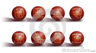 Set line Earth globe, Training, presentation, Clipboard with checklist, Businessman, Folded map location, Planning Vector Illustration