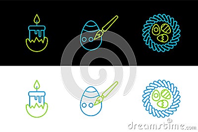 Set line Easter egg in a wicker nest, Burning candle and paint brush icon. Vector Vector Illustration