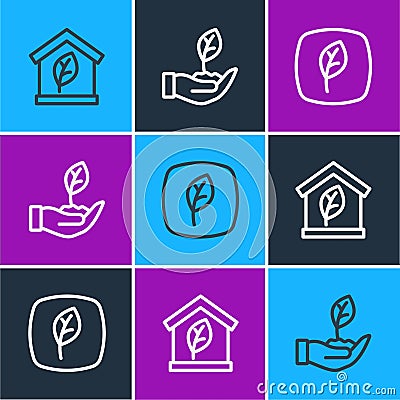 Set line Eco friendly house, Leaf symbol and Plant in hand icon. Vector Vector Illustration