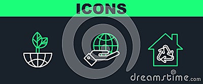 Set line Eco House with recycling symbol, Earth globe and leaf and Human hands holding icon. Vector Stock Photo