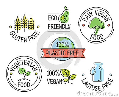 Set of line eco logo icons, gluten, plastic, lactose free labels, vegetarian food Vector Illustration