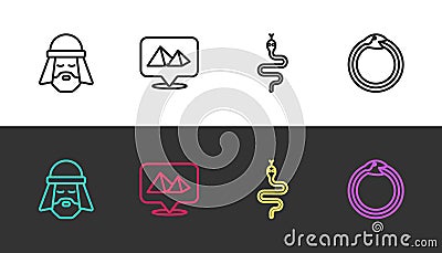 Set line Egyptian man, pyramids, Snake and Magic symbol of Ouroboros on black and white. Vector Vector Illustration