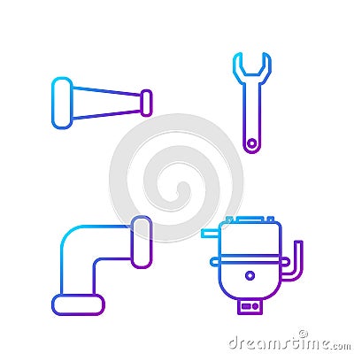 Set line Electric boiler for heating water, Industry metallic pipe, Industry metallic pipe and Wrench spanner. Gradient Vector Illustration