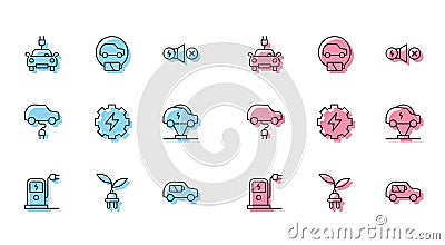 Set line Electric car charging station, saving plug leaf, Gear and lightning, and icon. Vector Stock Photo