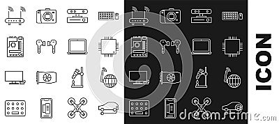 Set line Electric car, Social network, Processor with microcircuits CPU, Motion sensor, Air headphones, Motherboard Vector Illustration