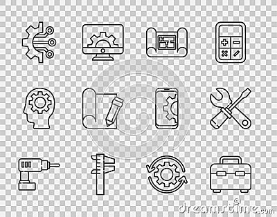 Set line Electric drill machine, Toolbox, House plan, Calliper or caliper and scale, Algorithm, Graphing paper pencil Vector Illustration