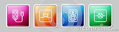 Set line Electric extension, Buzzer in electronic circuit, Music player and Lamp. Colorful square button. Vector Stock Photo