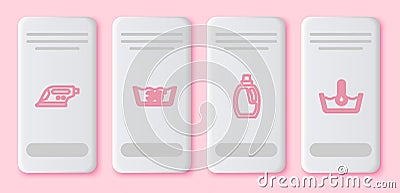 Set line Electric iron, Temperature wash, Bottle for cleaning agent and . White rectangle button. Vector Vector Illustration