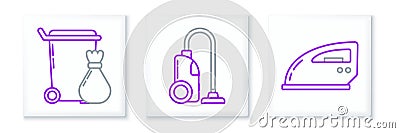 Set line Electric iron, Trash can and Vacuum cleaner icon. Vector Stock Photo