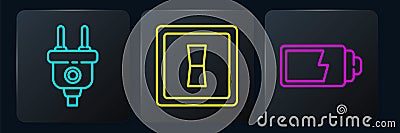 Set line Electric plug, Battery charge level indicator and Electric light switch. Black square button. Vector Vector Illustration