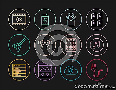 Set line Electric plug, Music note, tone, Man in headphones, Air, bass guitar, Online play video, Drum machine and Vector Illustration