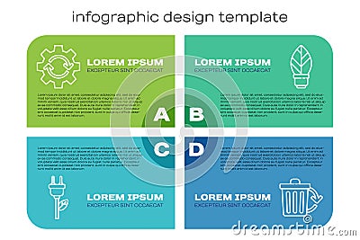 Set line Electric saving plug in leaf, Gear and arrows as workflow, Recycle bin with recycle and Light bulb with leaf Vector Illustration