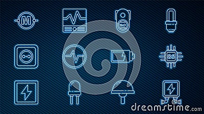 Set line Electric transformer, Processor with microcircuits CPU, Electrical outlet, scheme, Battery charge level Stock Photo