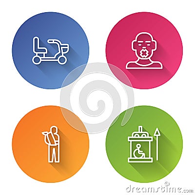 Set line Electric wheelchair, Head of deaf and dumb, Human broken arm and Elevator for disabled. Color circle button Vector Illustration