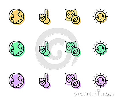 Set line Electrical outlet, Earth globe, Thermometer and Solar energy panel icon. Vector Vector Illustration