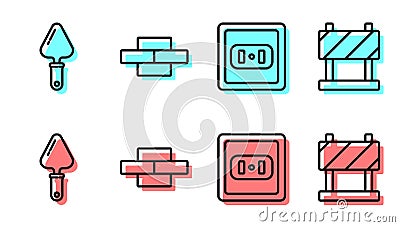 Set line Electrical outlet, Trowel, Bricks and Road barrier icon. Vector Vector Illustration