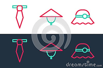 Set line Elegant women hat, Tie and Asian conical icon. Vector Vector Illustration