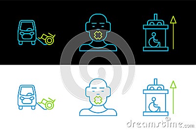 Set line Elevator for disabled, Disabled car and Head of deaf and dumb icon. Vector Vector Illustration