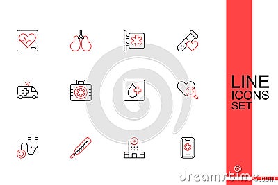 Set line Emergency call 911, Hospital building, Medical thermometer, Stethoscope, heart inspection, Blood test, First Vector Illustration