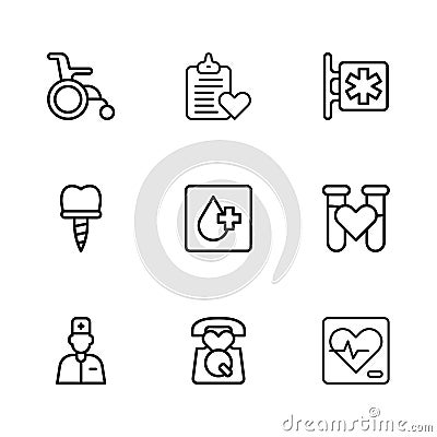 Set line Emergency call 911, Test tube with blood, Heart rate, Blood test, - Star of Life, Wheelchair for disabled Vector Illustration